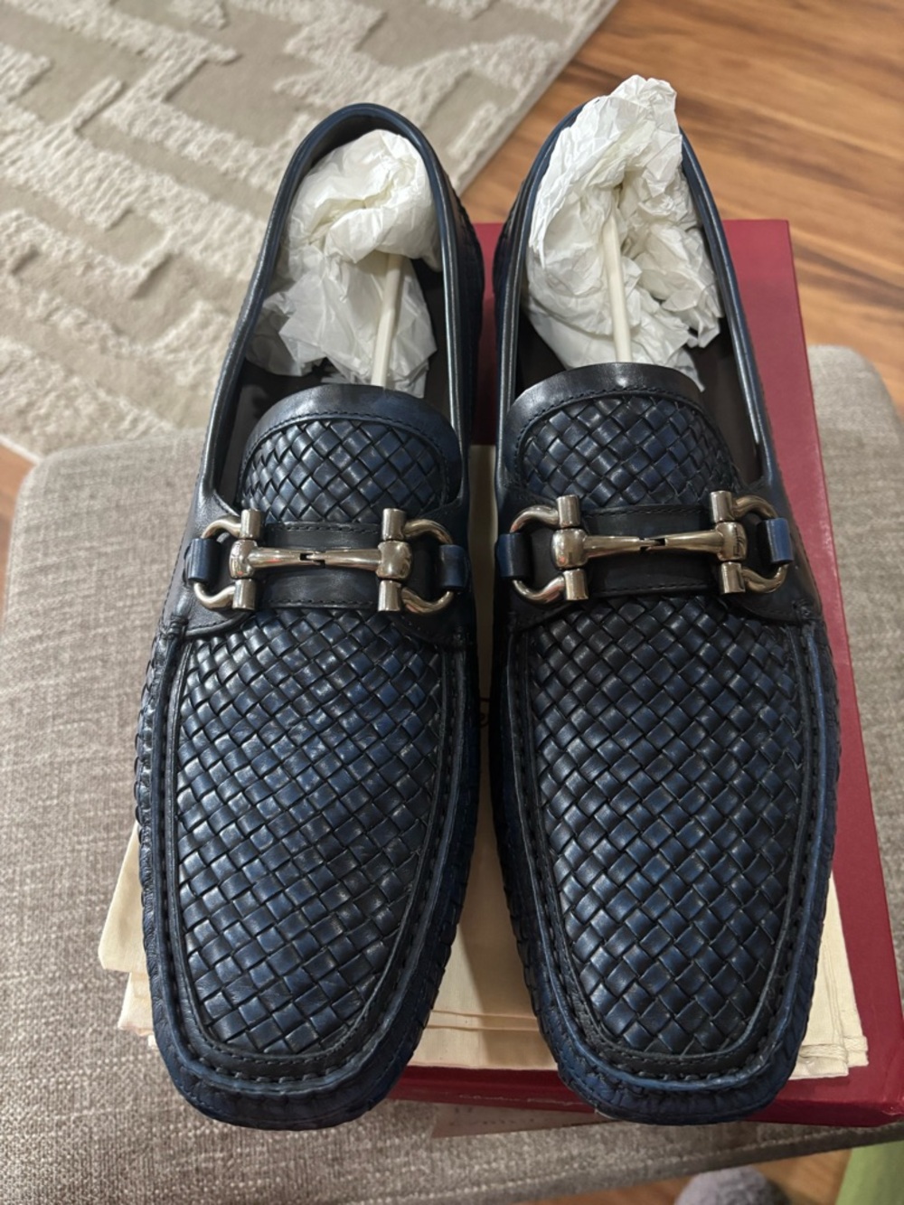 Men's Navy Woven Leather Bit Loafers